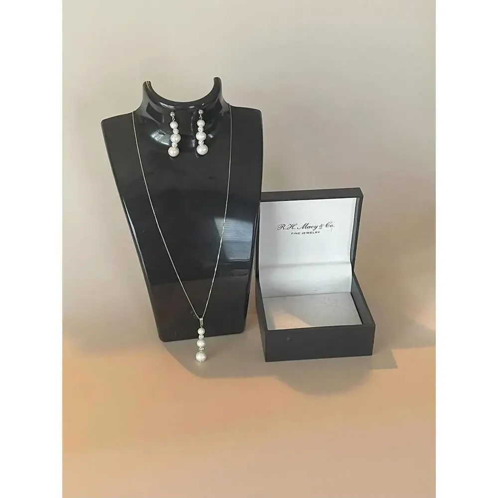 Macy’s Freshwater Pearl Sterling Silver 925 Necklace Set with Cubic Zirconia